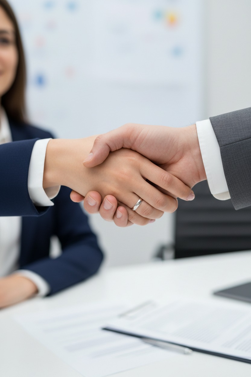 Two business professionals in suits shake hands over a desk with documents.