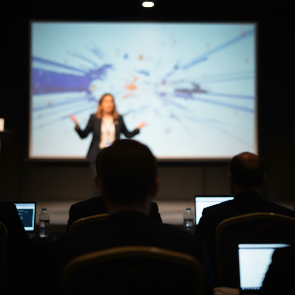 A woman in a business suit gives a presentation to an audience in a darkened conference room.